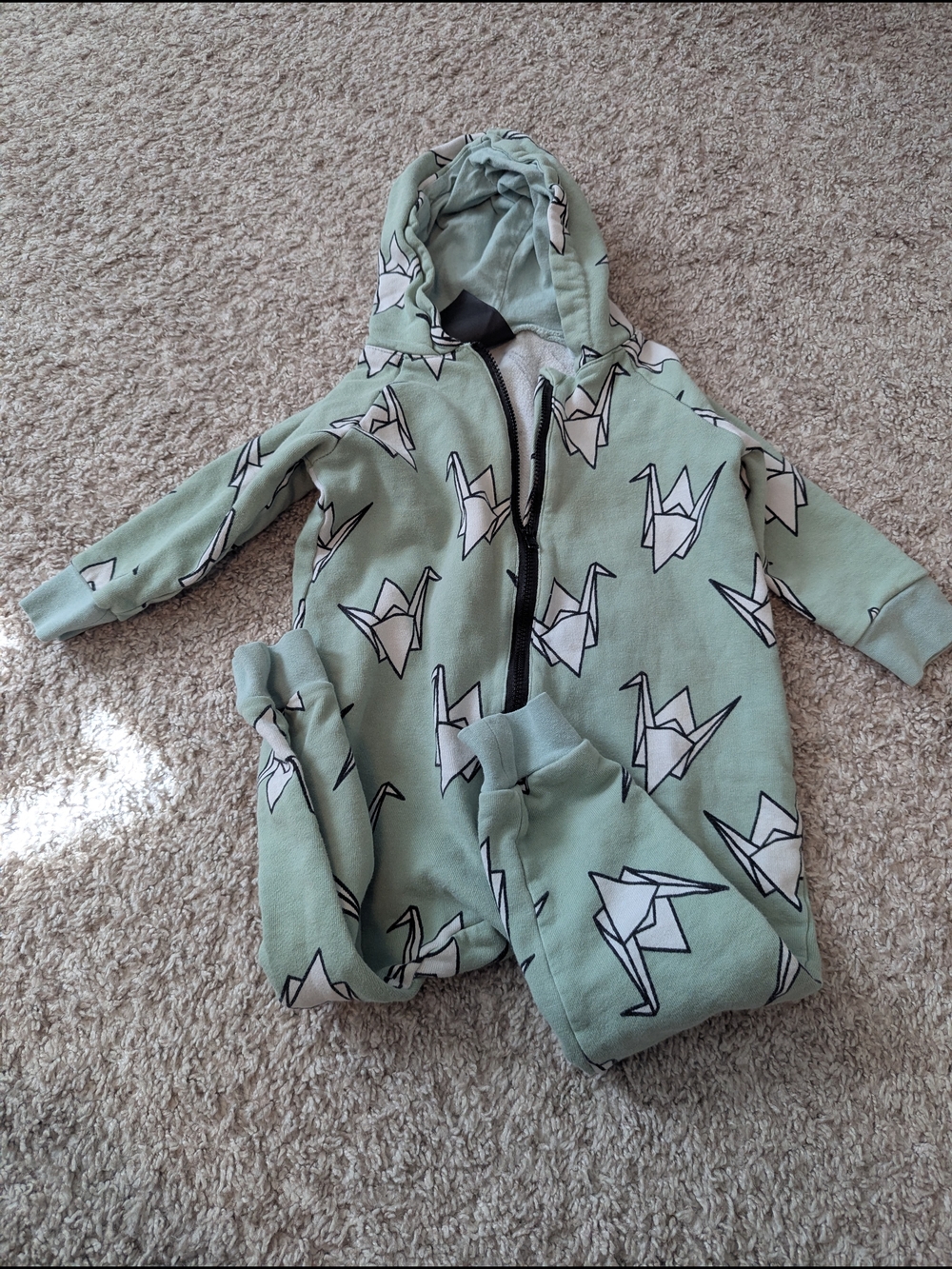 Whistle And Flute Mint Green Hooded Romper with Origami Crane Print 1-2 Years